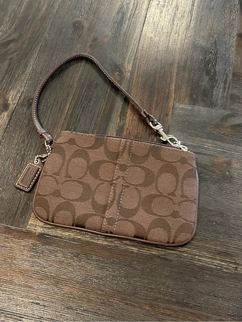 Coach Brown Signature Canvas Wristlet with Leather Strap